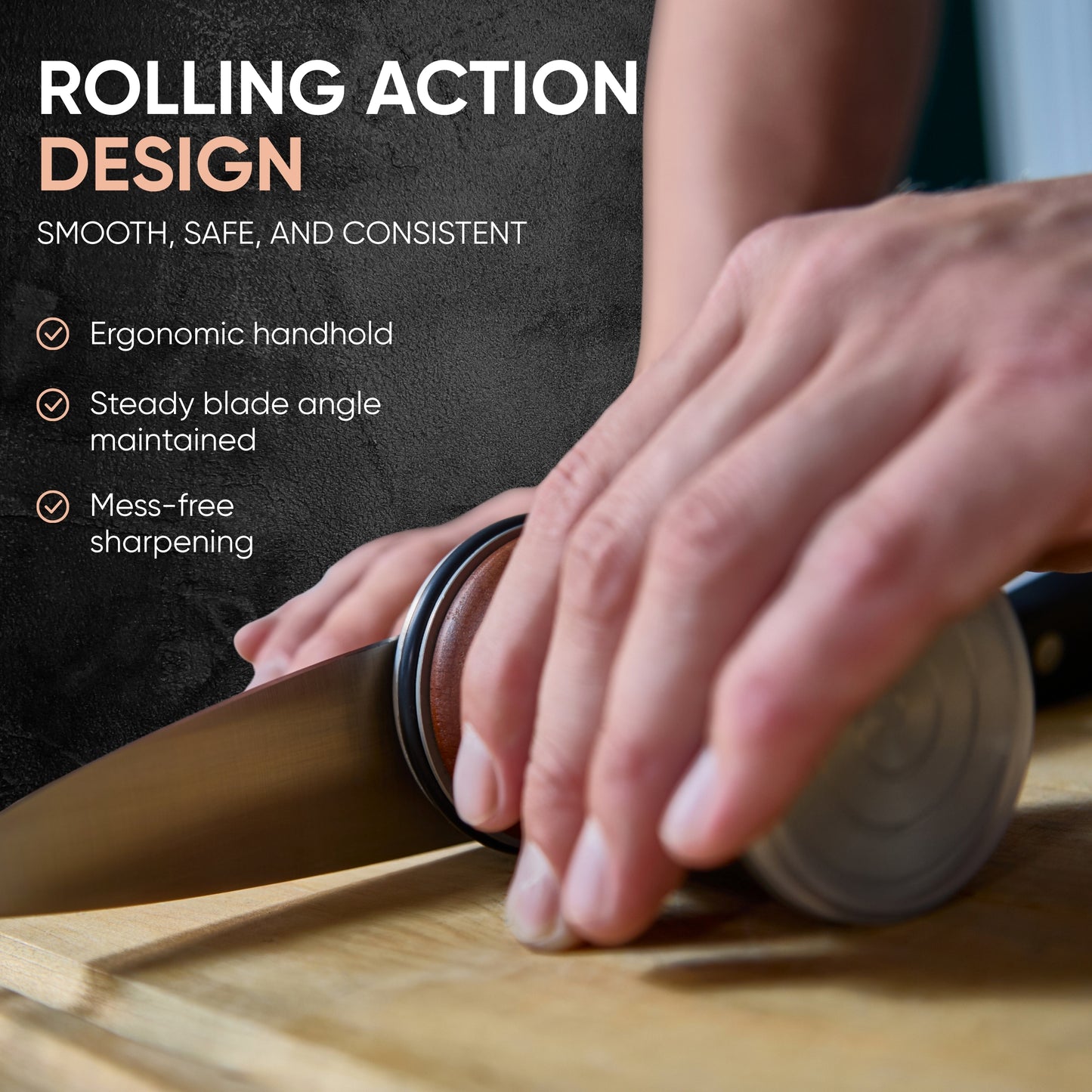 Person using a knife sharpener with text on rolling action design