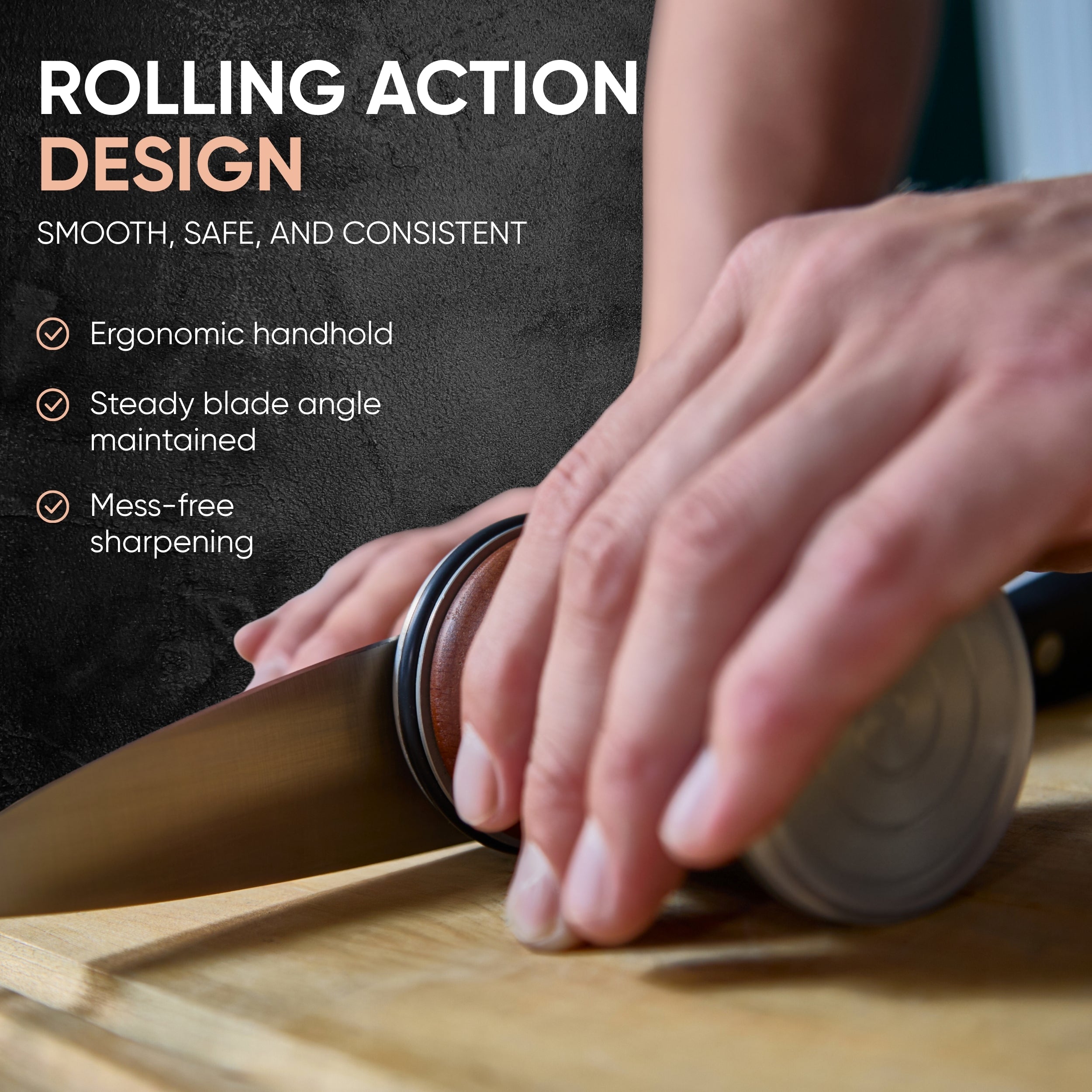 Person using a knife sharpener with text on rolling action design