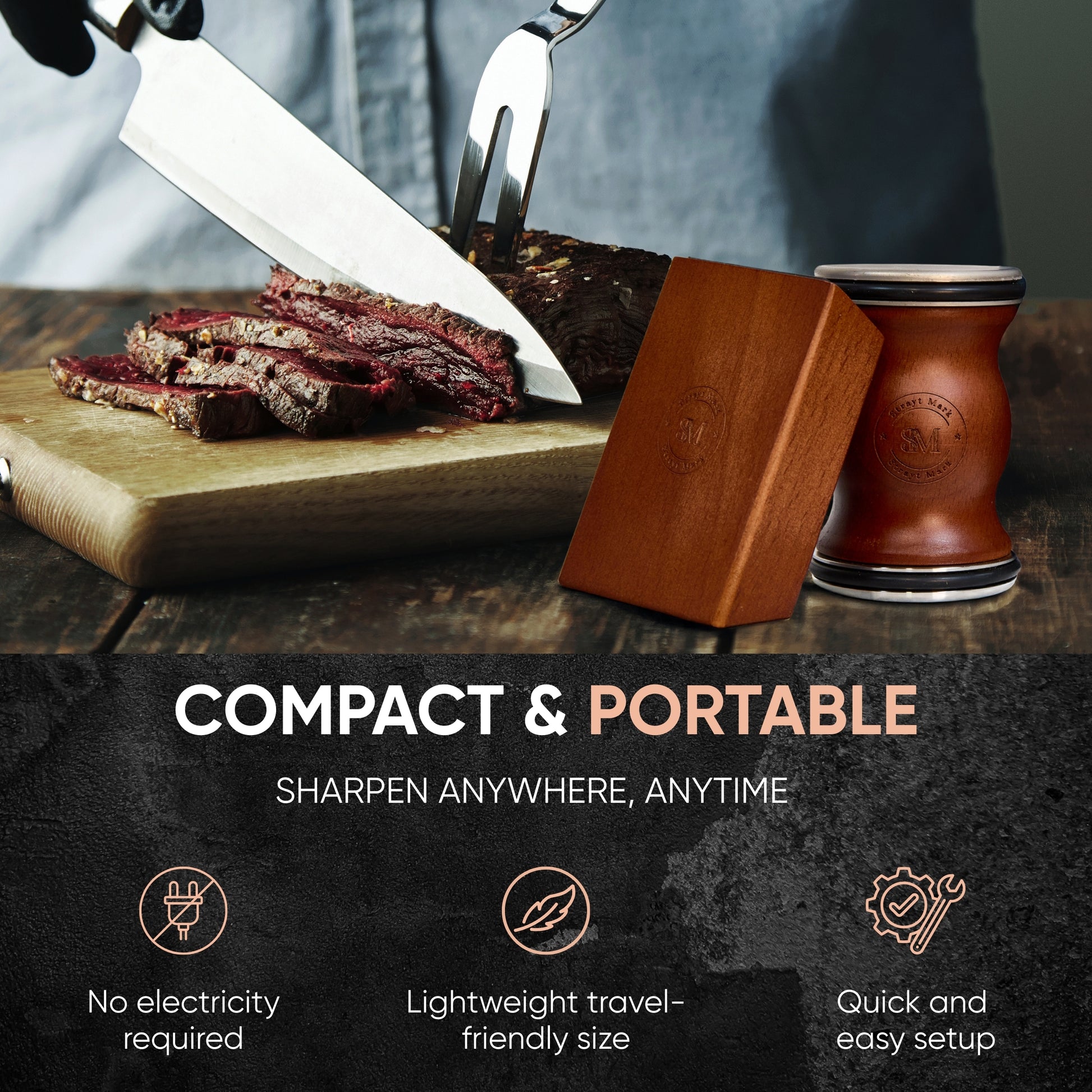 Knife sharpener with a cutting board and sliced meat on a wooden surface, with text highlighting features.