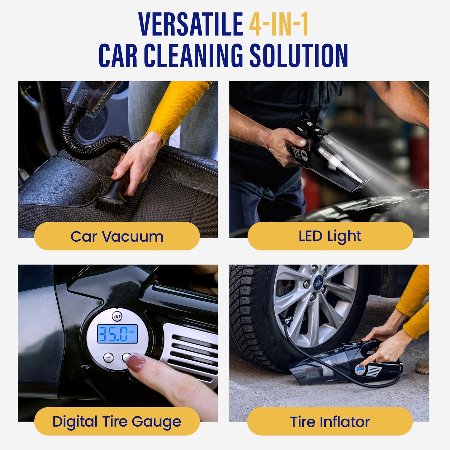 CORDLESS - 4-in-1 Car Vacuum with Tire Inflator & LED Light