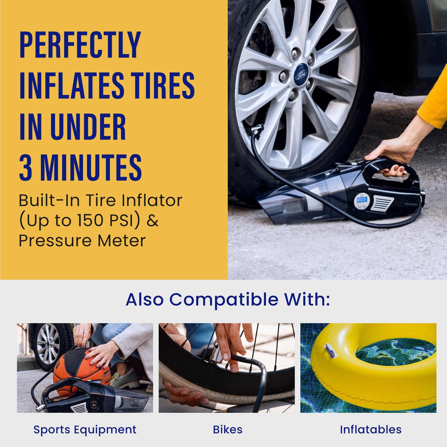 CORDLESS - 4-in-1 Car Vacuum with Tire Inflator & LED Light