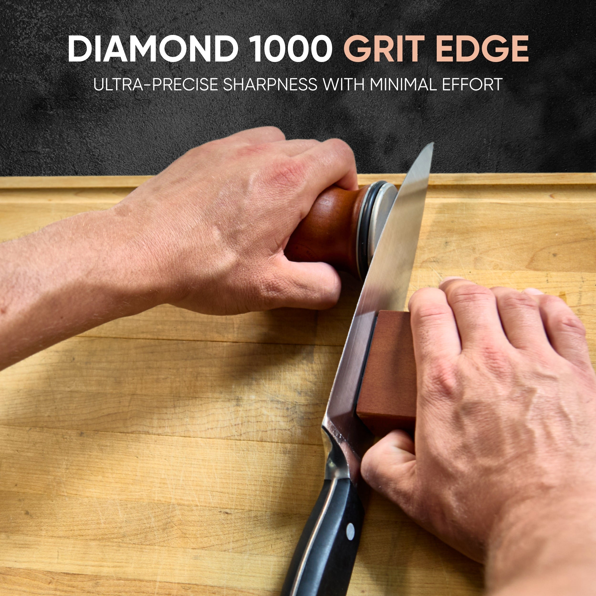 Person sharpening a knife on a whetstone with text about Diamond 1000 grit edge.
