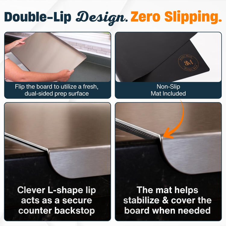 Large Stainless Steel Cutting Board with Lip and Non-Slip Mat