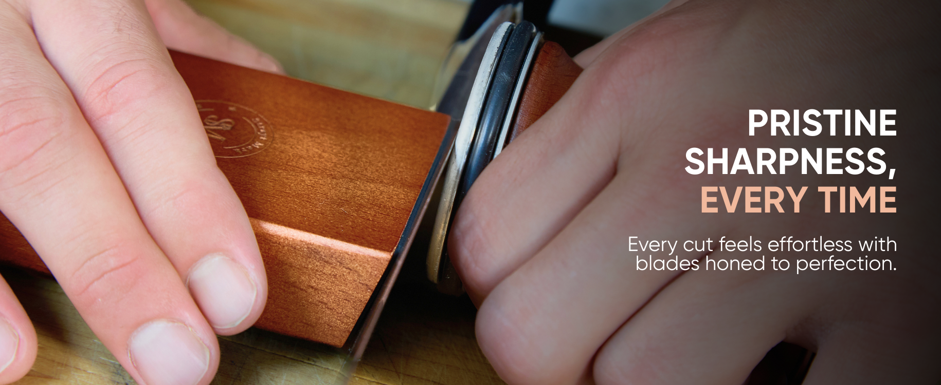Person using a wooden knife sharpener with text about blade sharpness.