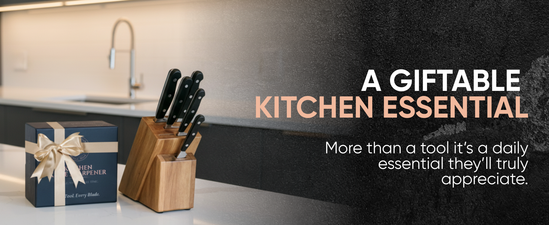 Knife block with a gift box on a kitchen counter, text about a giftable kitchen essential.