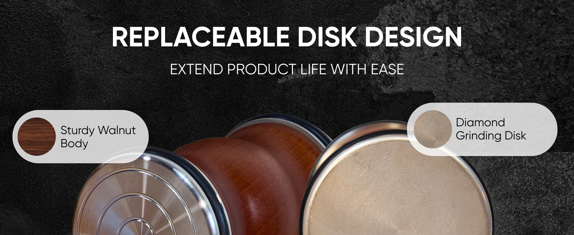 Product with replaceable disk design on a dark background