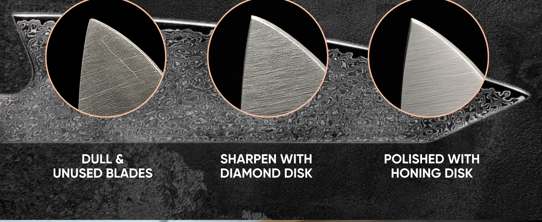 Three stages of blade sharpness shown through a magnifying glass on a black background.