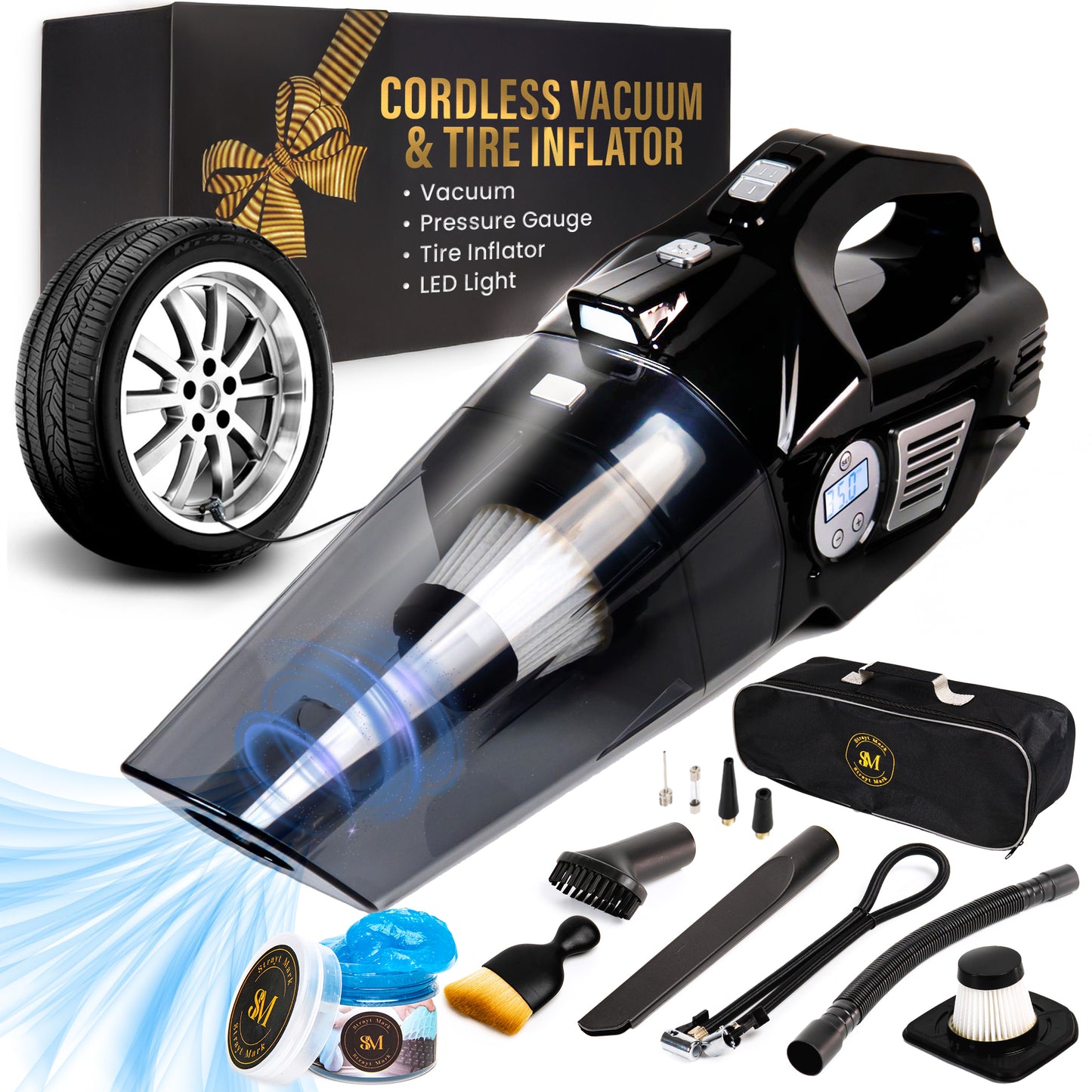 CORDLESS - 4-in-1 Car Vacuum with Tire Inflator & LED Light